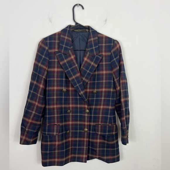Vintage Marks & Spencer Navy Plaid Double Breasted Wool Jacket Sz 6P - Picture 2 of 13